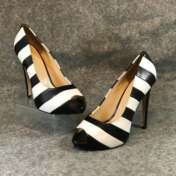 Sasha New York Leather Black and White Stripes Heel Peep Toe Shoes - Picture 3 of 12
